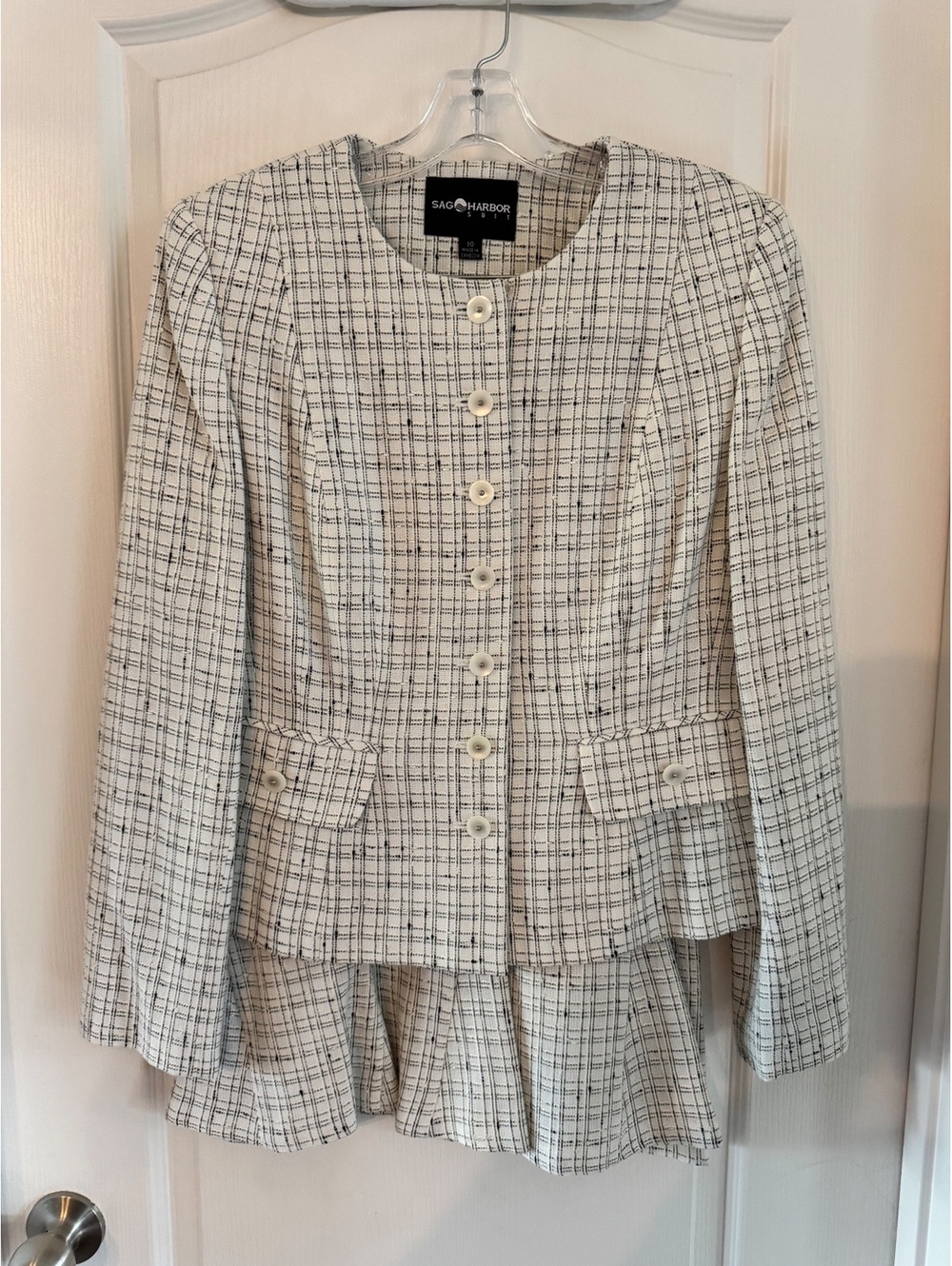 Vintage Sag Harbor Women's White and Black Plaid Suit Jacket Size 10